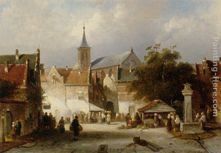 A Busy Market in a Dutch Town painting - Charles Henri Joseph Leickert A Busy Market in a Dutch Town art painting